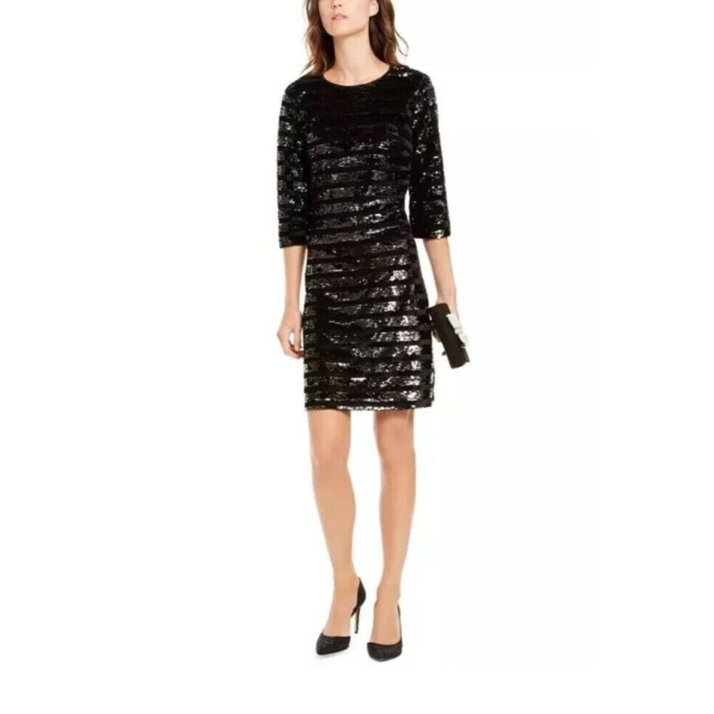 INC Sequin Mini Dress  Size XS Black Women's 3/4 Sleeve Sheath Evening Party - Picture 3 of 12
